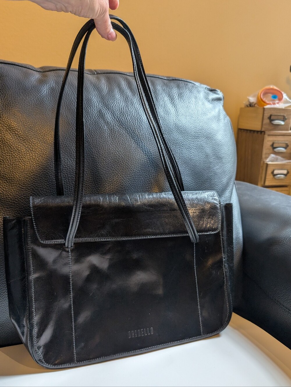 Vintage GRANELLO Prada SPA Black Genuine Leather Shoulder Bag Tote Suede Lining